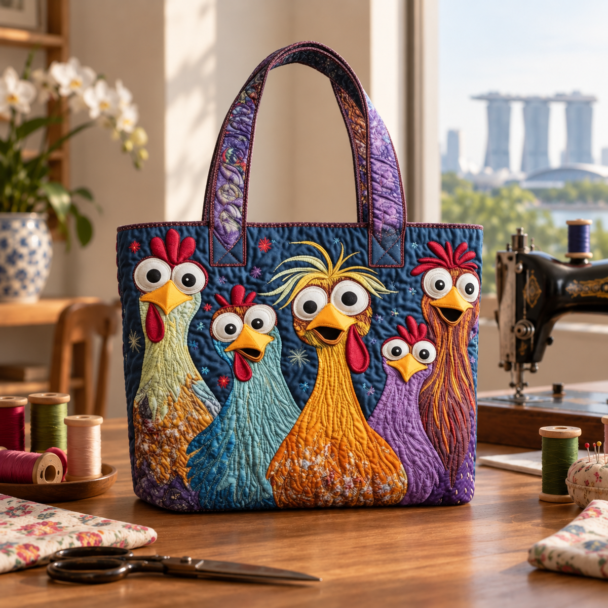 Handcrafted Bag | Five Colourful Hens