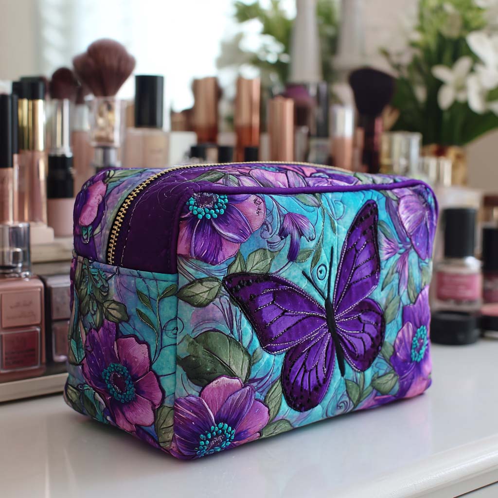 Turquoise Butterfly Bloom Quilted Makeup Bag