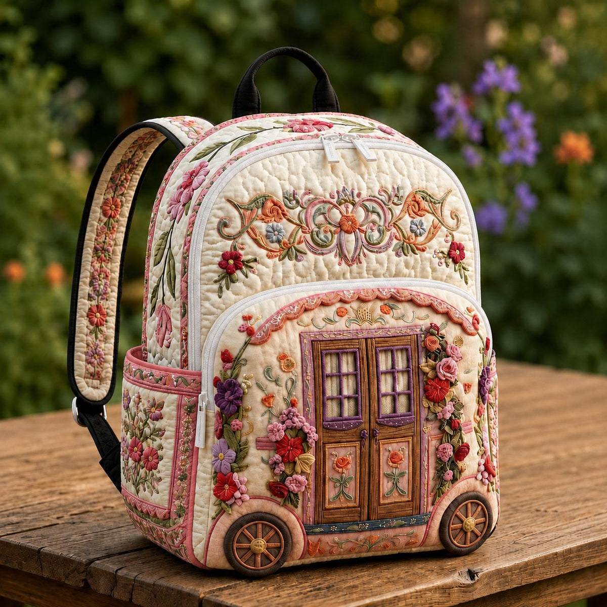 Retro Floral Quilted Backpack with Vintage Camper Design LD05