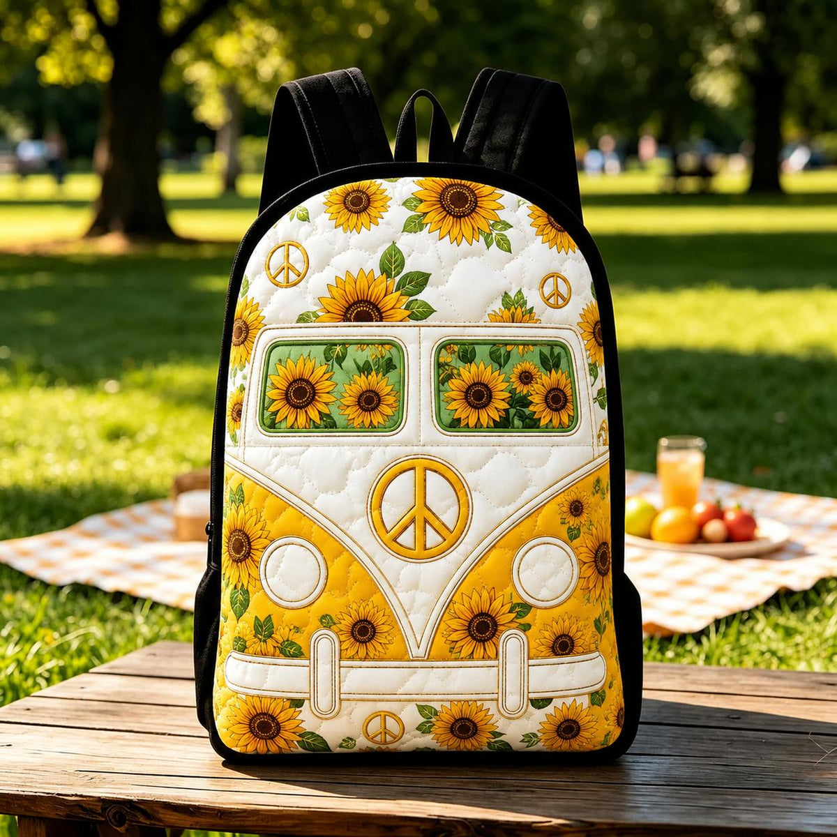 Vintage Sunflower Hippie Van Quilted Backpack with Black Strap - Model LD04