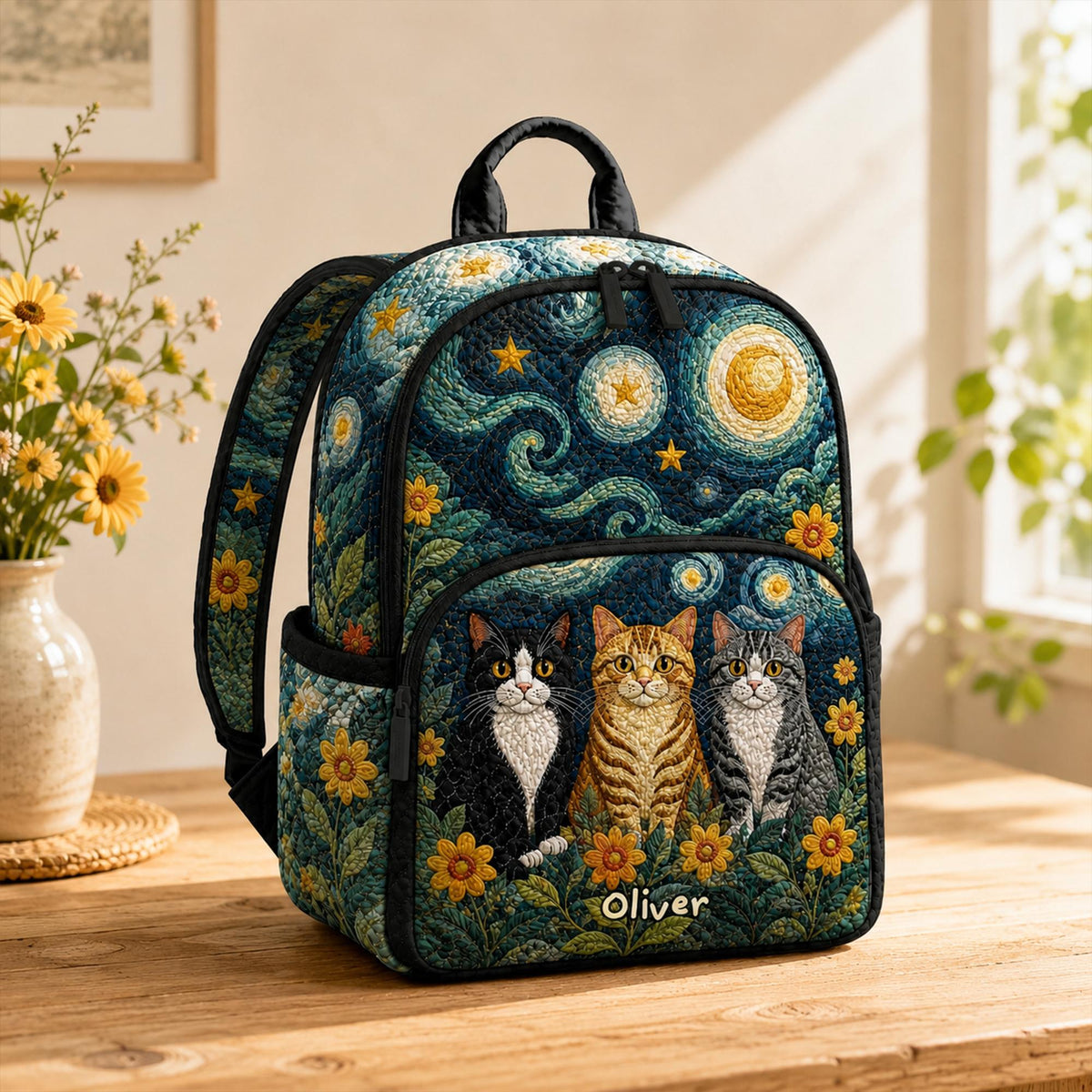 Custom Starry Night Cats Quilted Backpack LV01