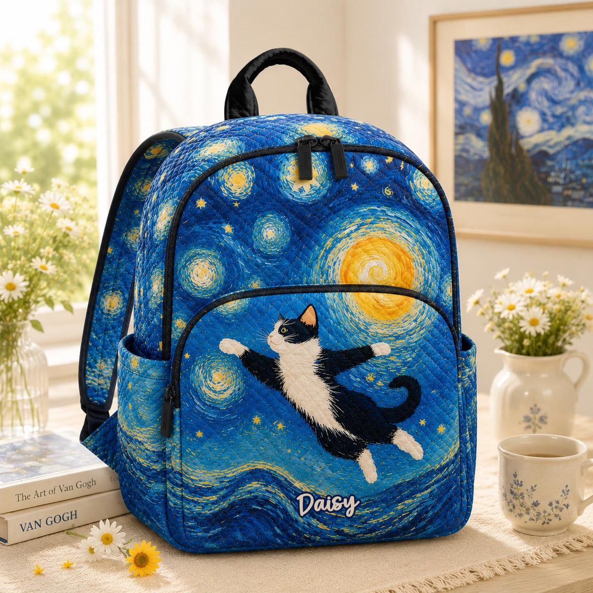 Adorable Tuxedo Cat Blue Personalized Quilted Backpack LV17