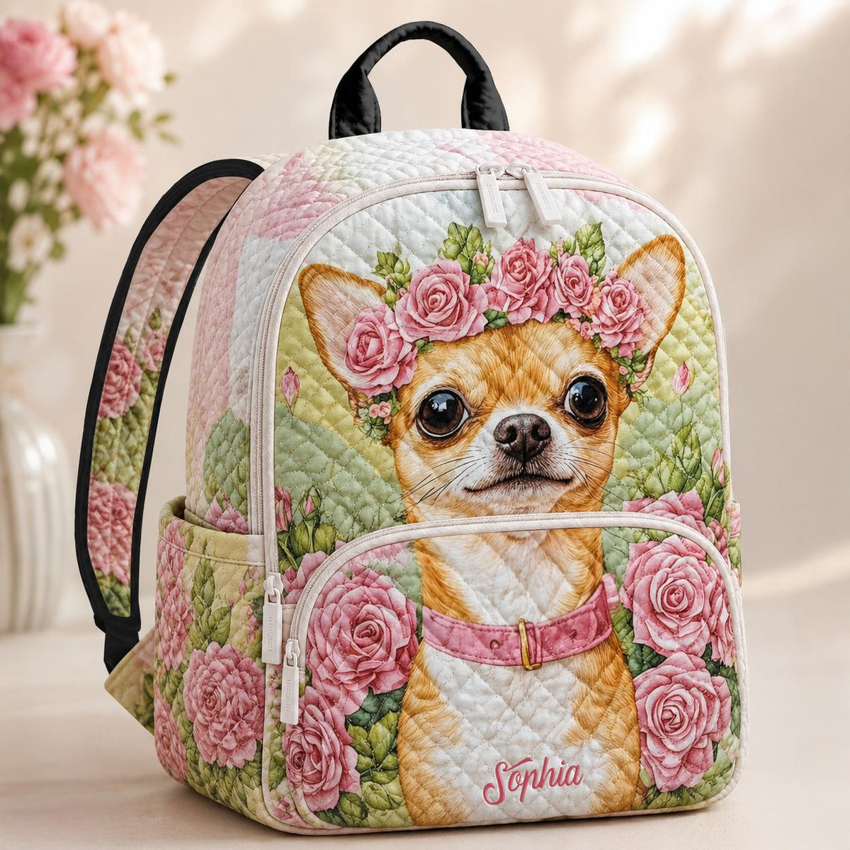 Personalized Floral Quilted Chihuahua Backpack - TG05