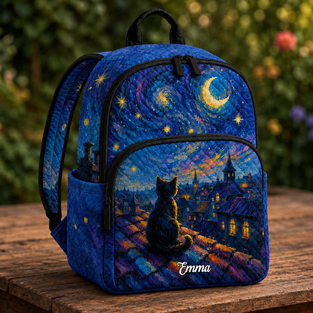 Personalized Quilted Backpack - Starry Night Cat Design TG13