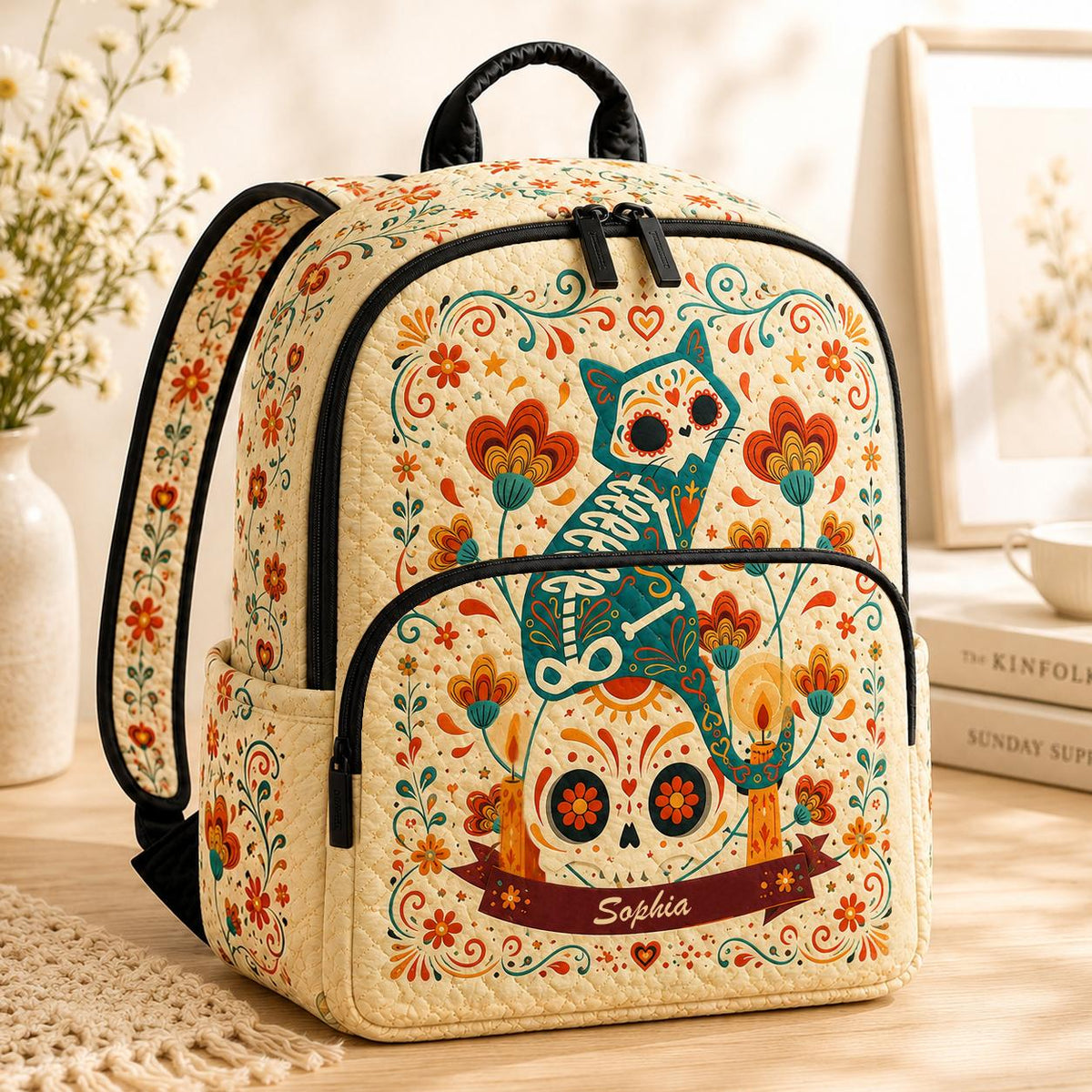 Personalized Quilted Backpack with Sugar Skull Cat Design - TG61