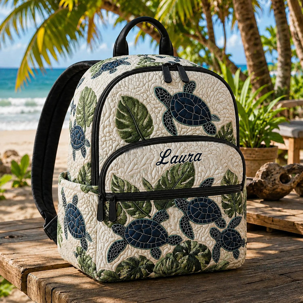 Custom Sea Turtle Quilted Backpack with Triple Zipper - Model TN21