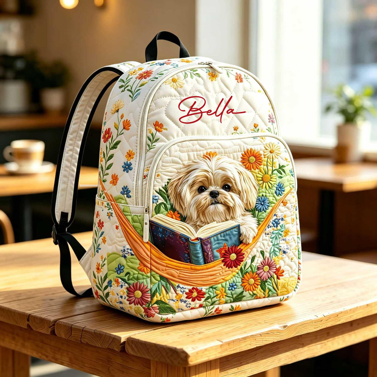Adorable Personalized Quilted Backpack Featuring a Reading Shih Tzu - TP34