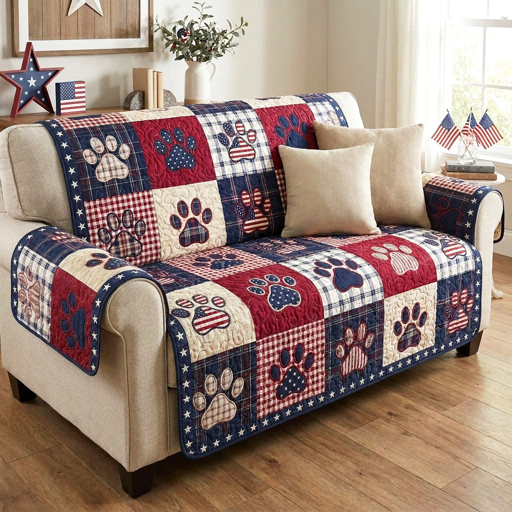Quilted Sofa Cover with Patriotic Pawprint Design
