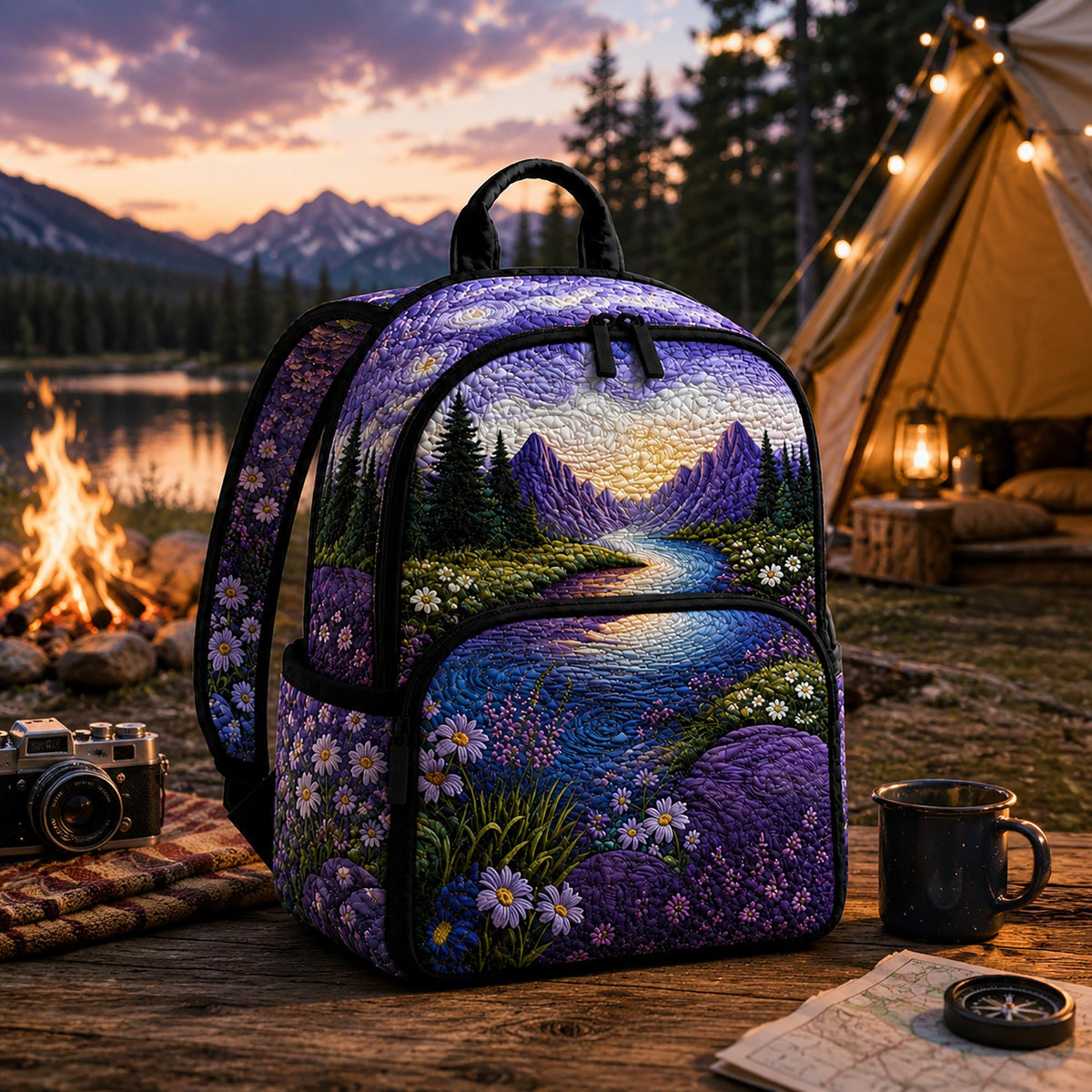 Quilted Backpack with Purple Wildflower and Mountain Design - LV05